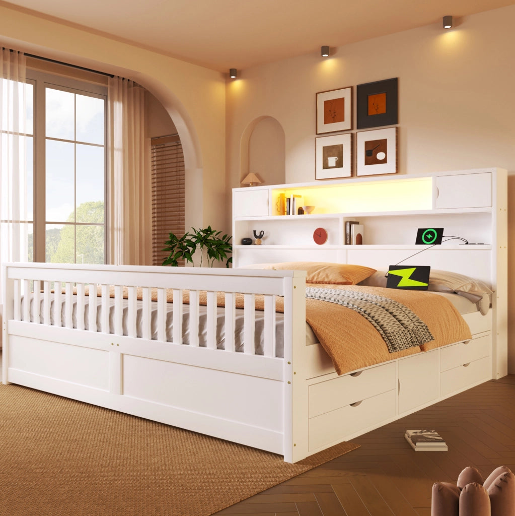 Letto 180 × 200 cm con testiera libreria LED e 4 cassetti; MDF e compensato; bianco