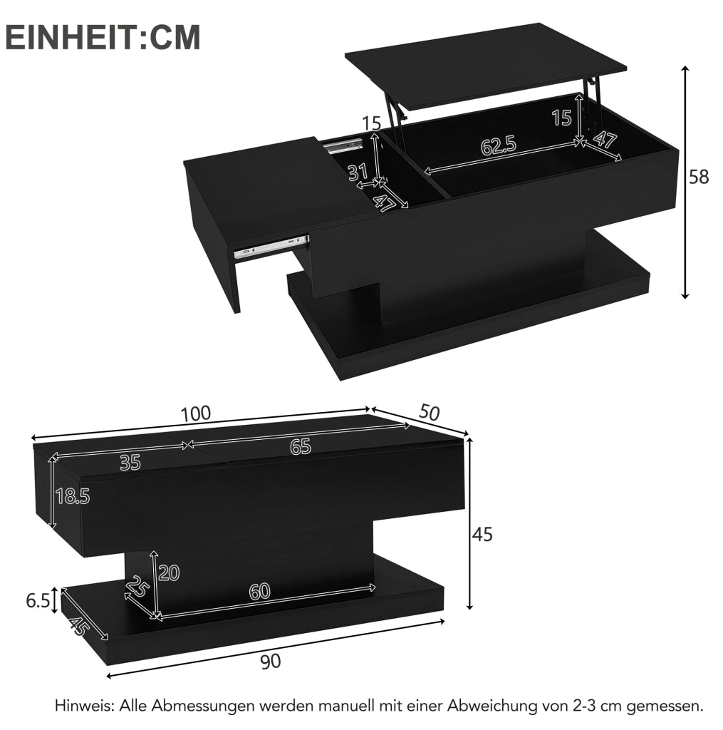 Tavolino elevabile 100x50x45 cm nero con LED e vano contenitore