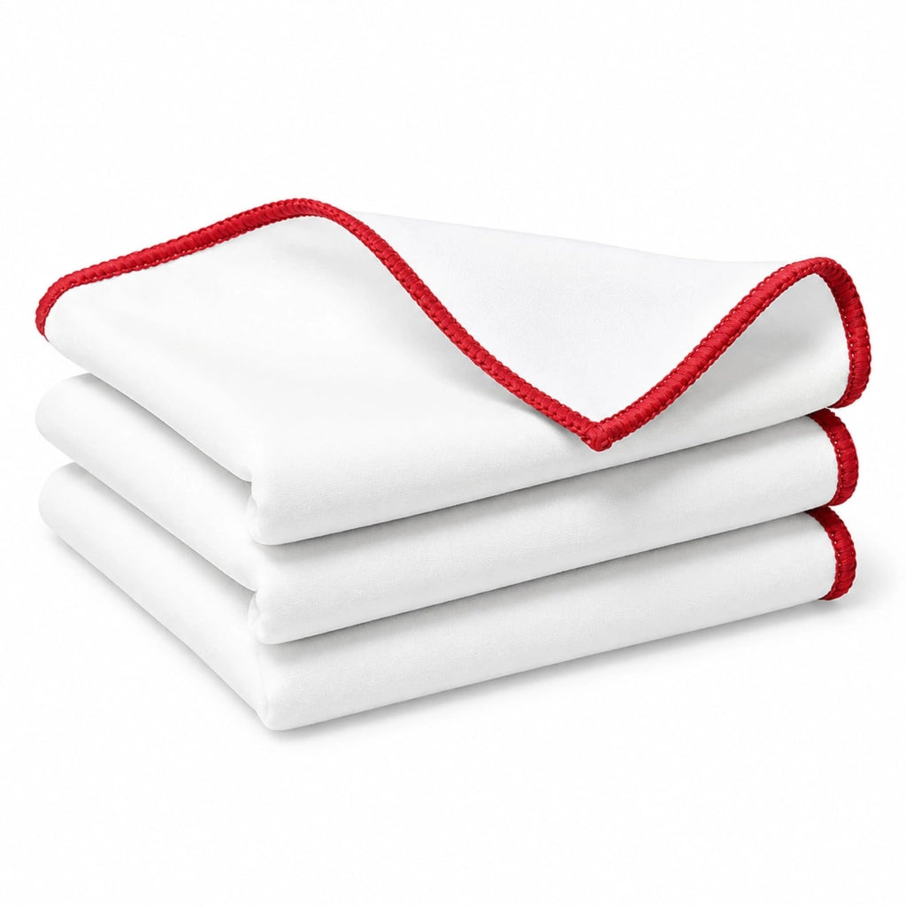 Set di 3 panni per la lucidatura del vetro, dimensioni 60x42 cm, in microfibra, colore bianco/rosso