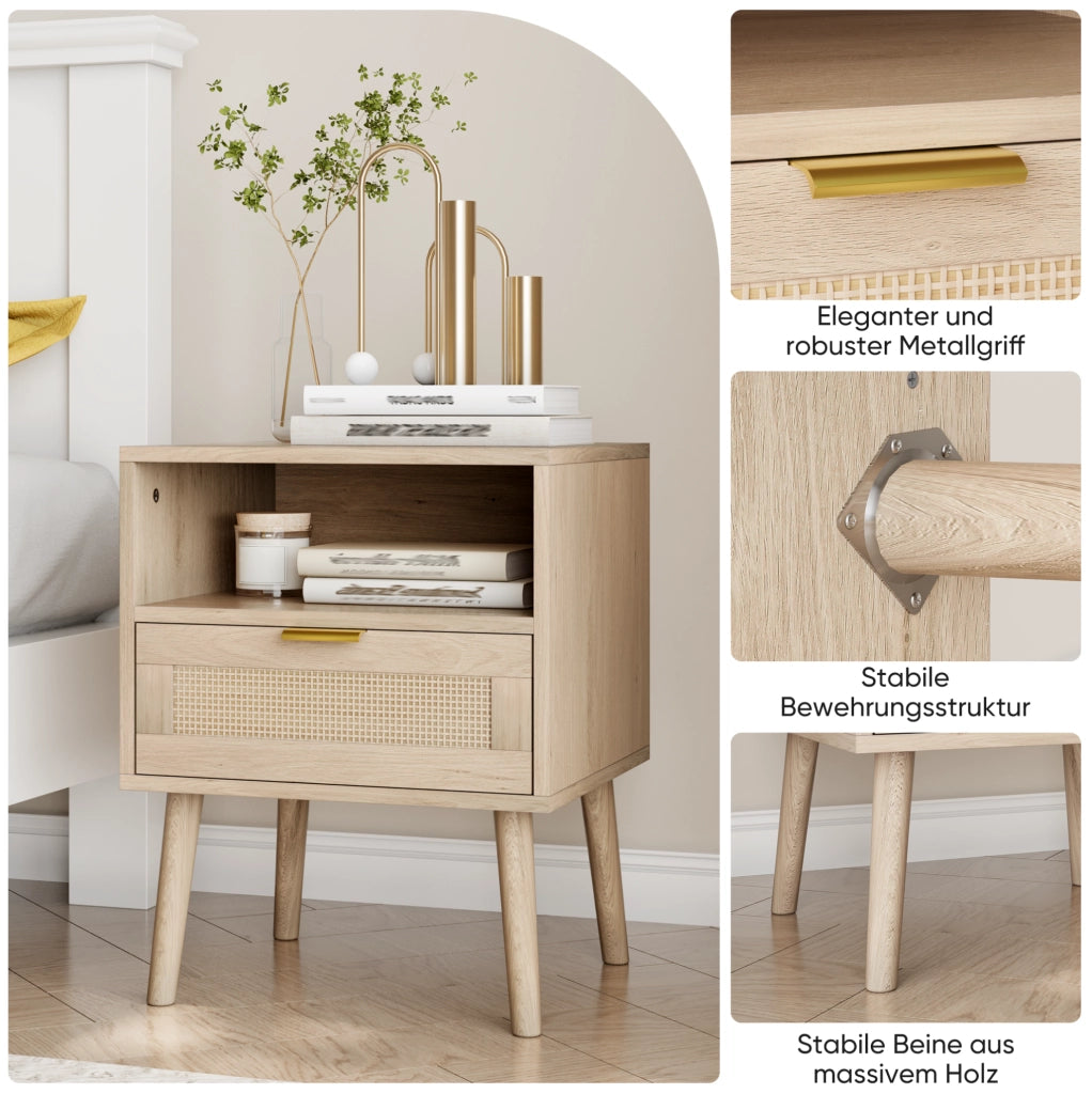 Comodino in MDF con struttura in legno massello e cassetto in rattan naturale, 45x40x55 cm, stile bohémien con maniglia dorata
