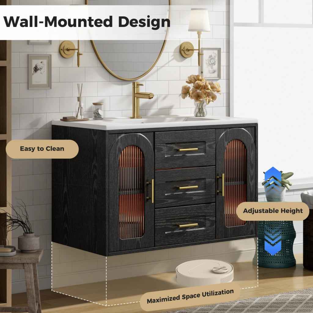 Mobile bagno sospeso 76 cm con lavabo in ceramica, finitura effetto legno nero, ante in vetro scanalato, illuminazione LED integrata