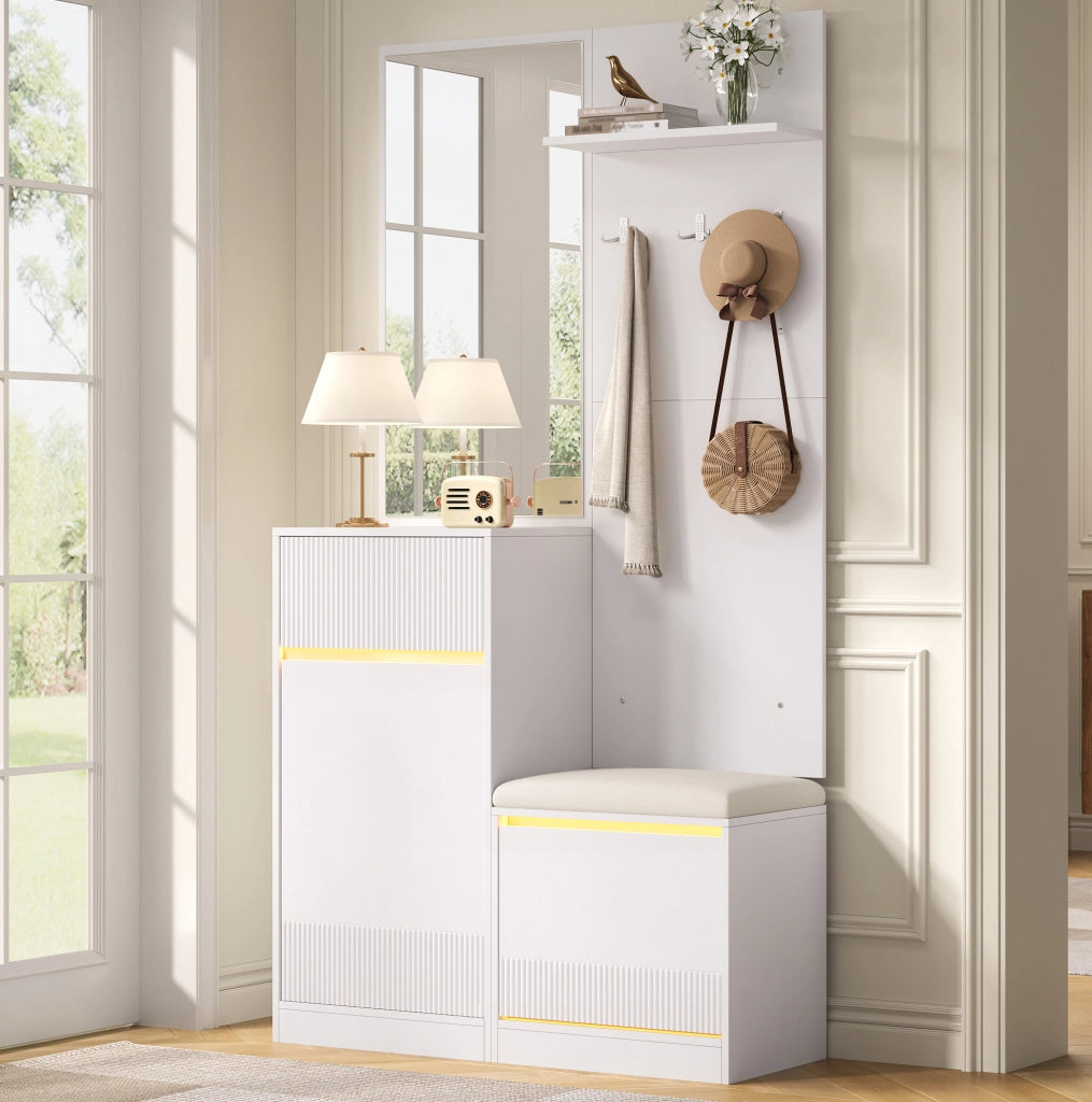 Guardaroba da ingresso compatto 105 x 38 x 190 cm bianco con specchio e LED