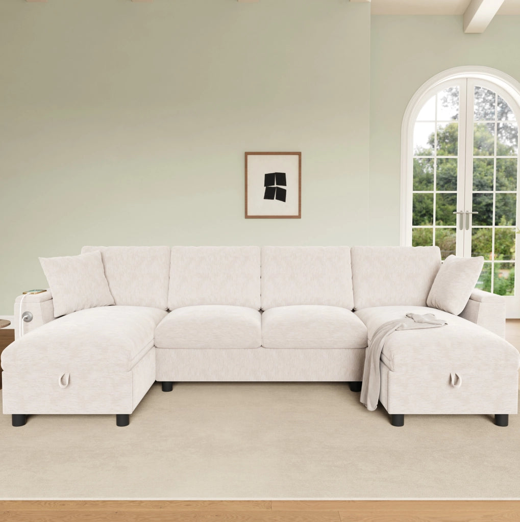 Divano a U 279x135 cm in ciniglia beige con contenitore e porte USB e USB-C
