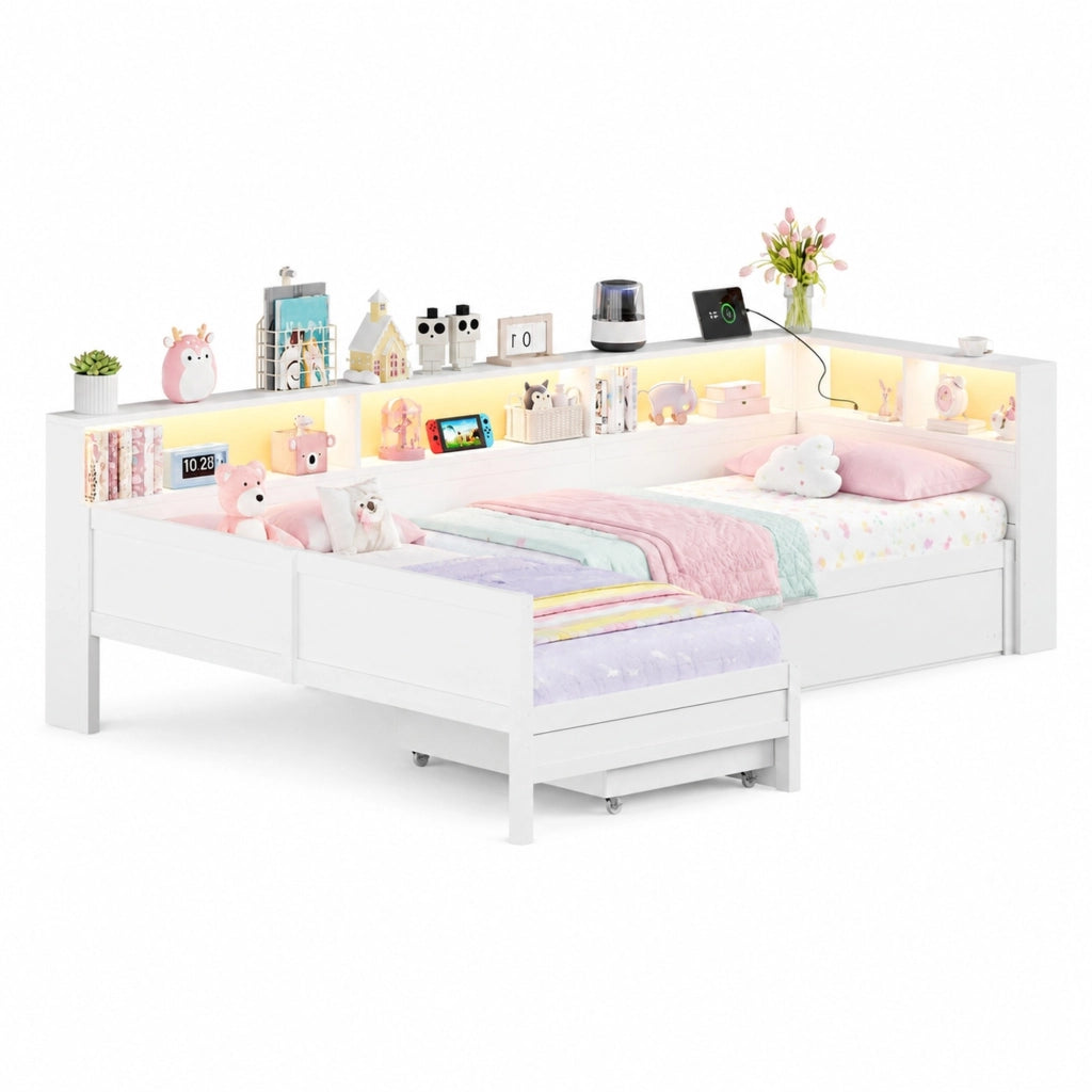 Letto singolo a piattaforma 90 × 200 cm a L con letto estraibile in MDF e compensato bianco con cassetto LED e ricarica