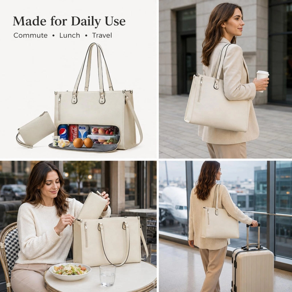 Borsa da pranzo con scomparto termico, tasca per laptop, impermeabile, bianca