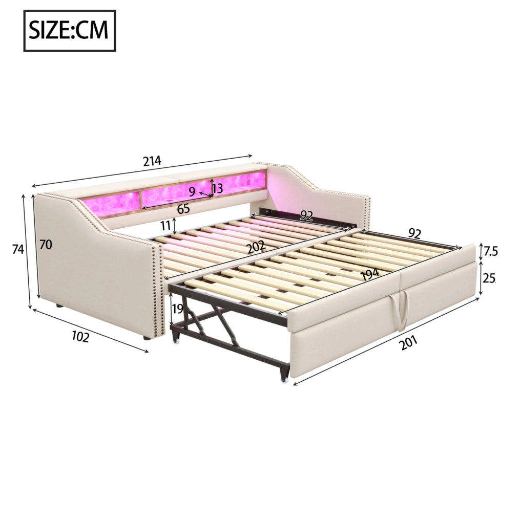 Divano Letto Estraibile 90/180 x 200 cm in Tessuto Beige con Luce LED, Porta USB e Rete a Doghe