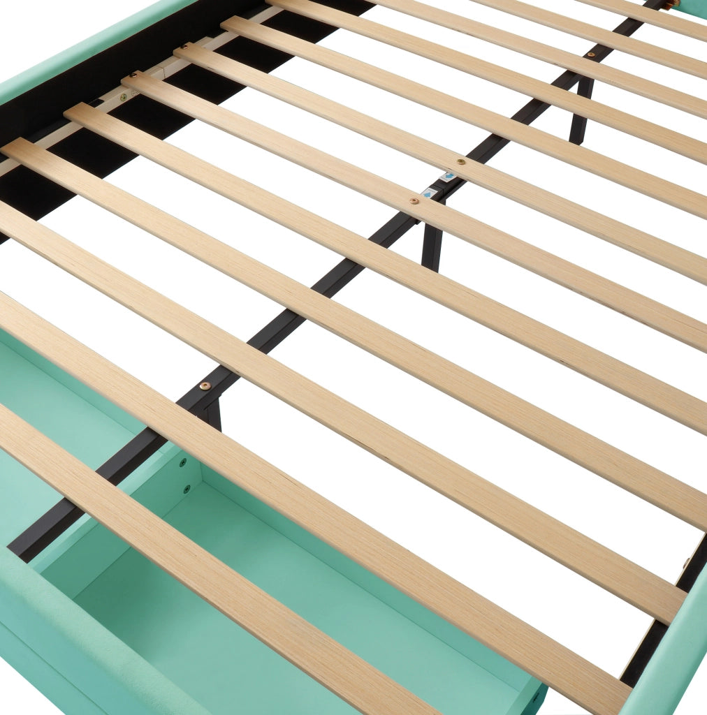 Letto per bambini 140 x 200 cm in velluto blu e verde con scivolo e contenitore