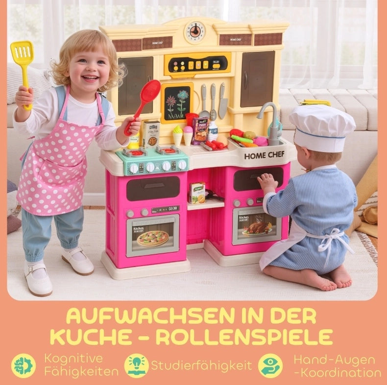 Cucina giocattolo con rubinetto elettrico, vapore e 85 accessori