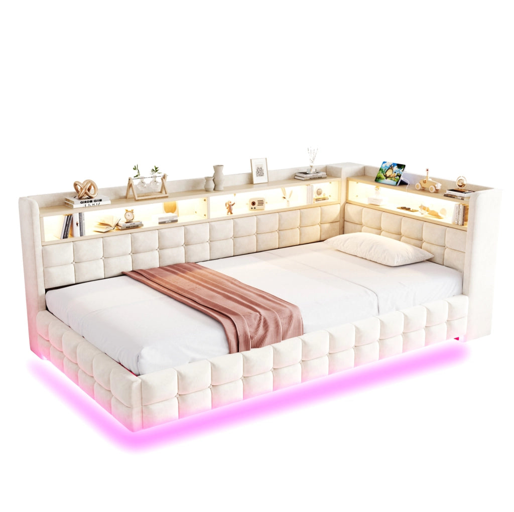 Letto divano imbottito 90 × 200 cm beige con vano contenitore e LED