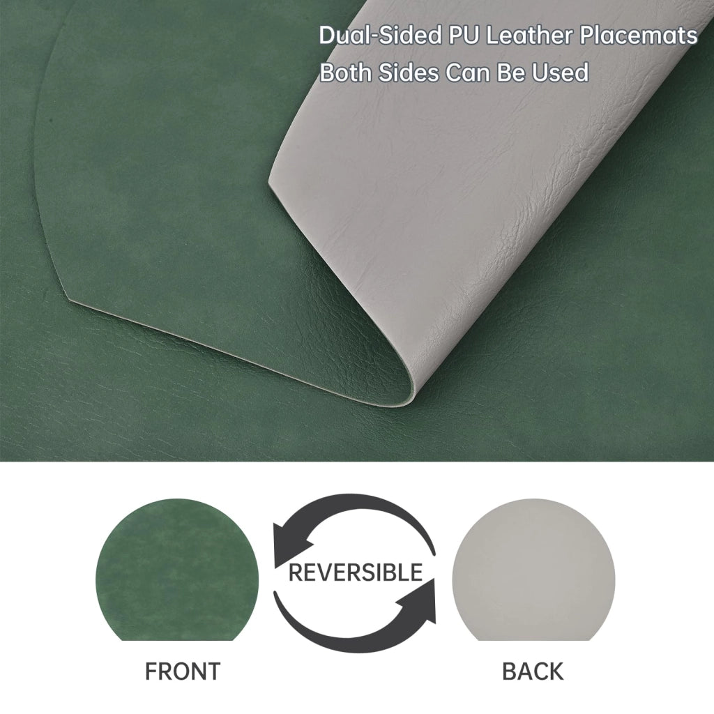 Sottopiatti in ecopelle, set da 6 pezzi, fronte-retro, forma rotonda, dimensioni 33x37,5 cm, colore verde bosco/grigio