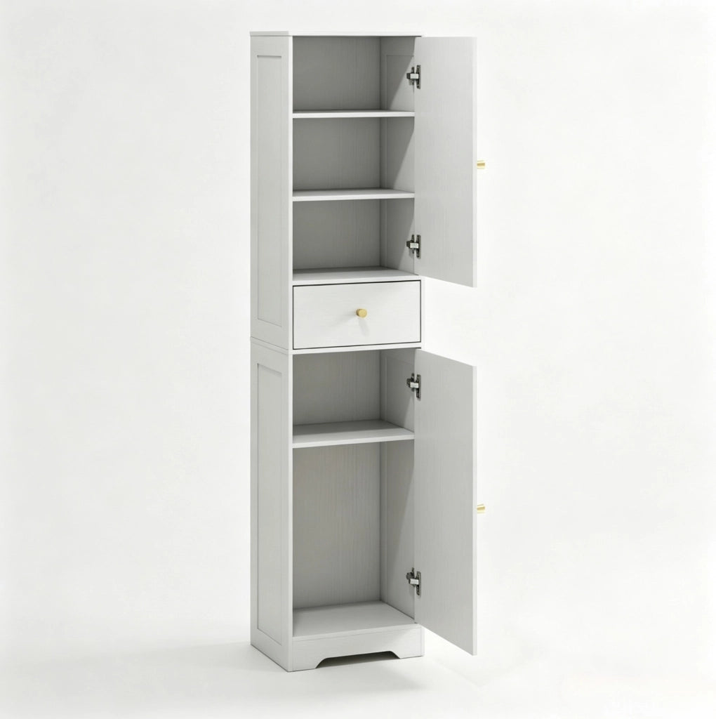 Mobile Colonna per Bagno in Truciolato Bianco 40x29,5x170 cm con Armadietti, Cassetto e Ripiani Regolabili