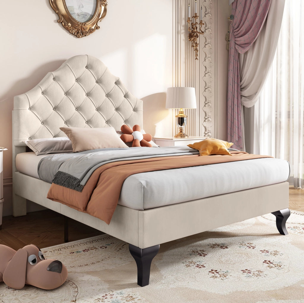 Letto singolo imbottito 90x200 cm con testata regolabile in altezza, rete a doghe in legno, velluto beige