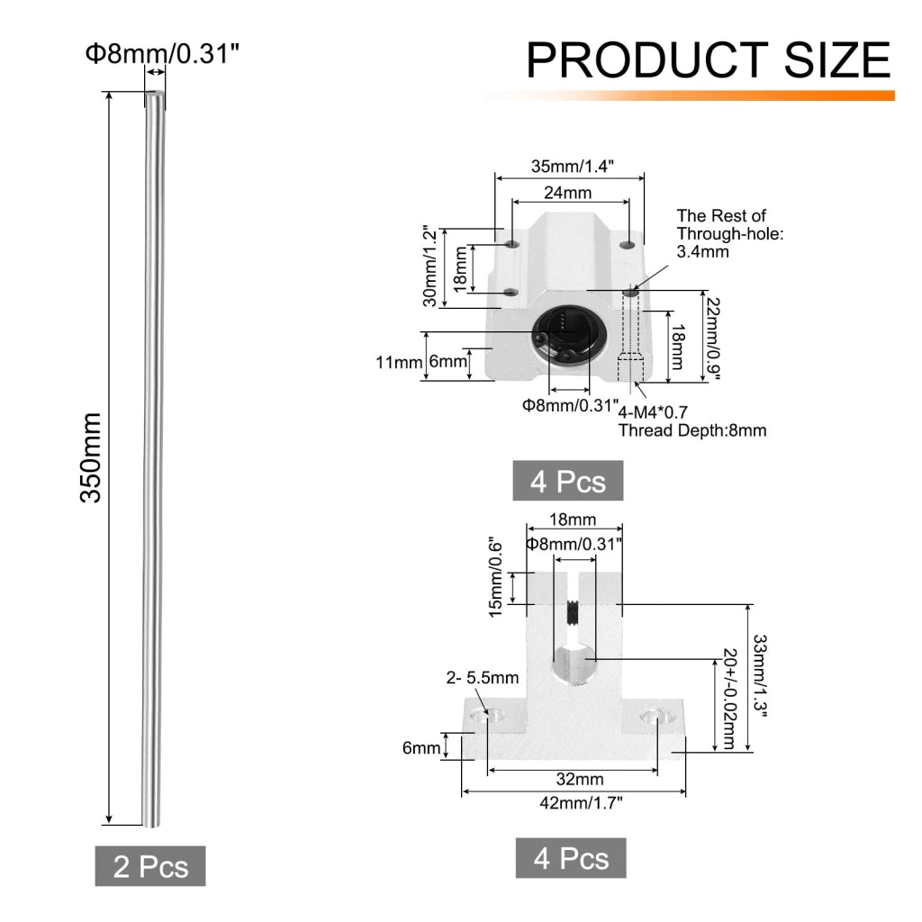 Set di guide lineari da 8x350 mm, completo di cuscinetti e supporti