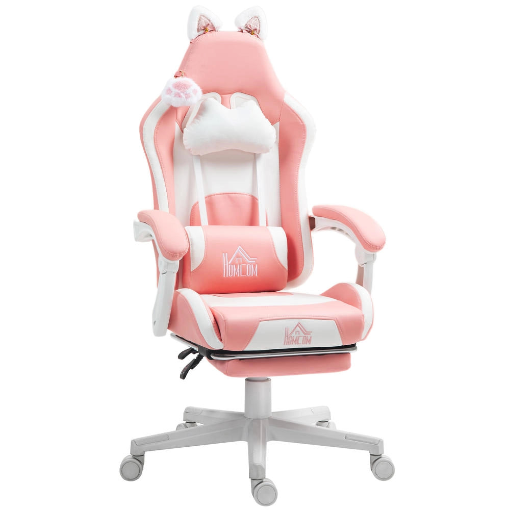 Sedia gaming con orecchie da gatto, ecopelle rosa/bianca, reclinabile fino a 135°, poggiapiedi estraibile, altezza 44-52 cm, portata fino a 120 kg
