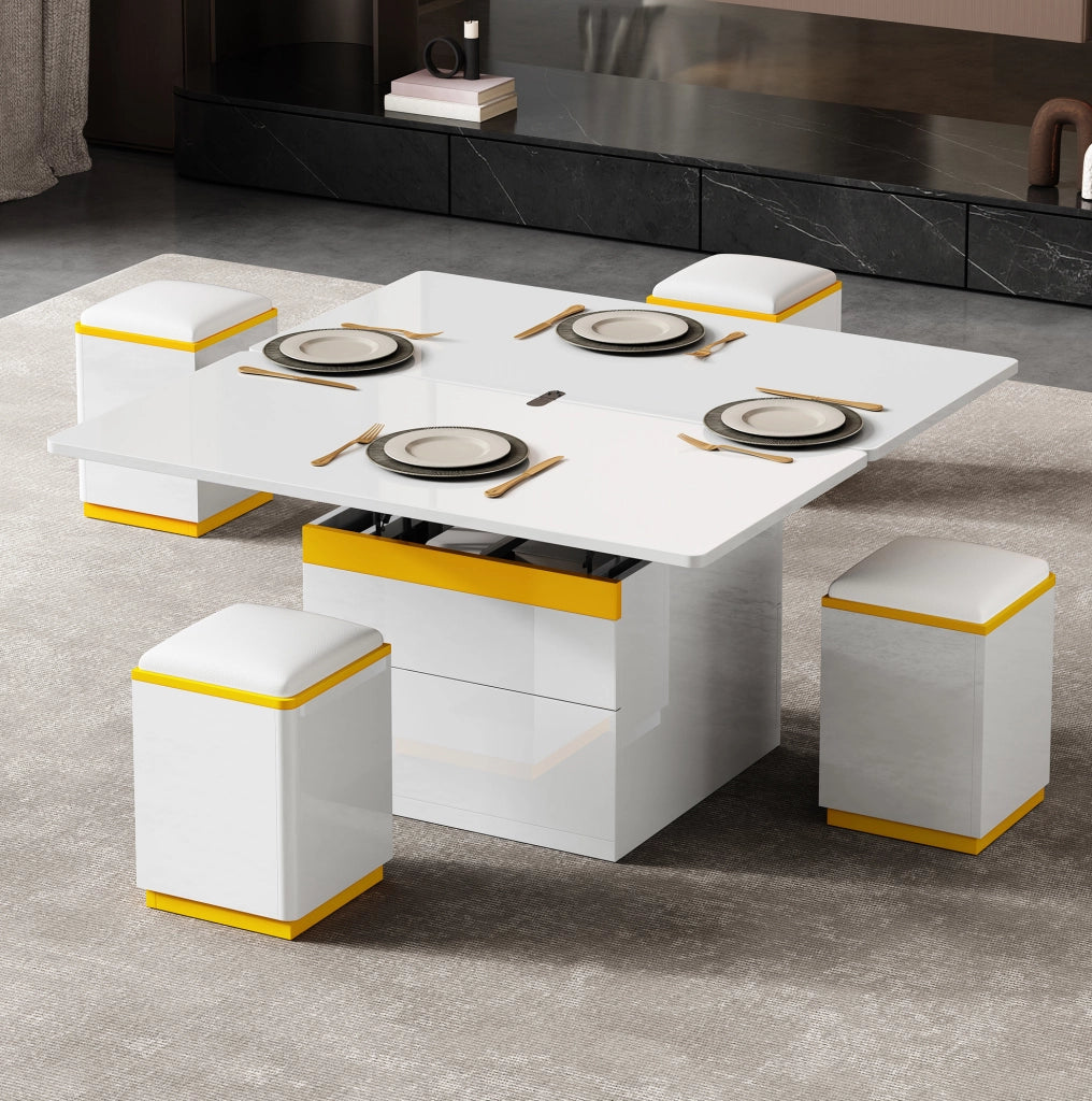 Tavolino elevabile 100x50x43 cm in MDF e PB bianco e giallo con vani