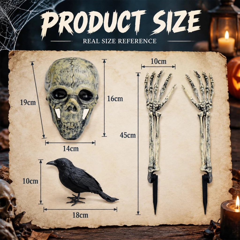 Set per Halloween: teschio, corvo, 2 braccia scheletriche