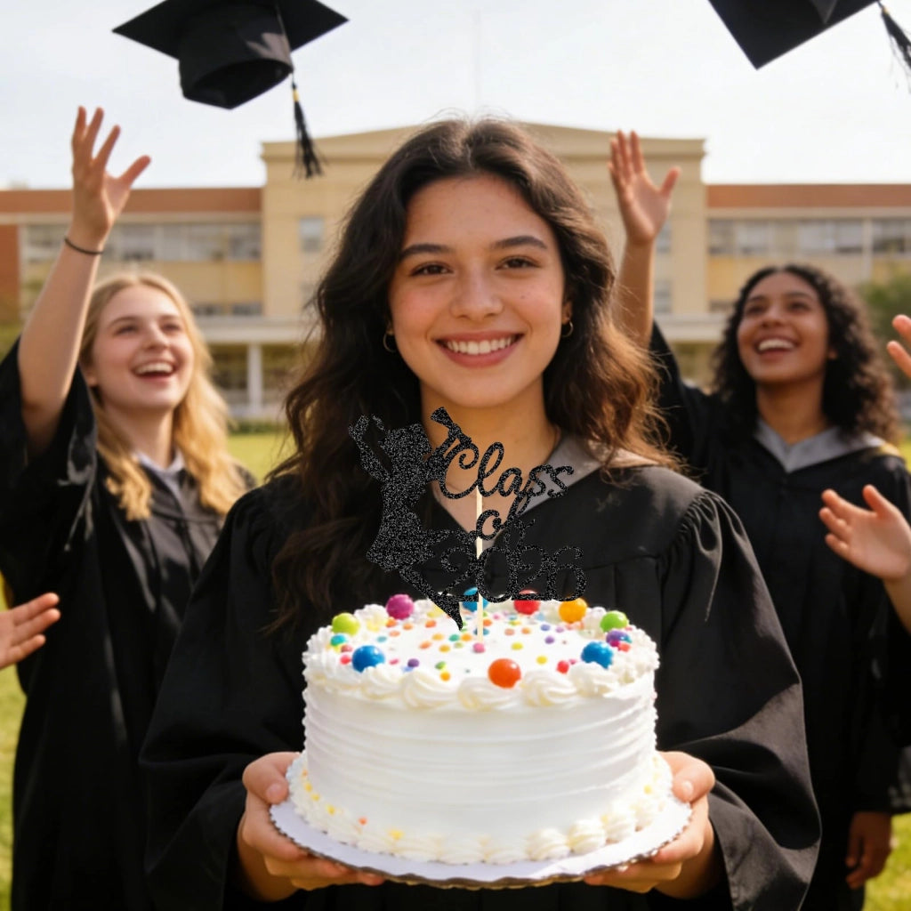 Decorazione per torte, cerimonia di diploma, 3 stili, 2026, nero e oro