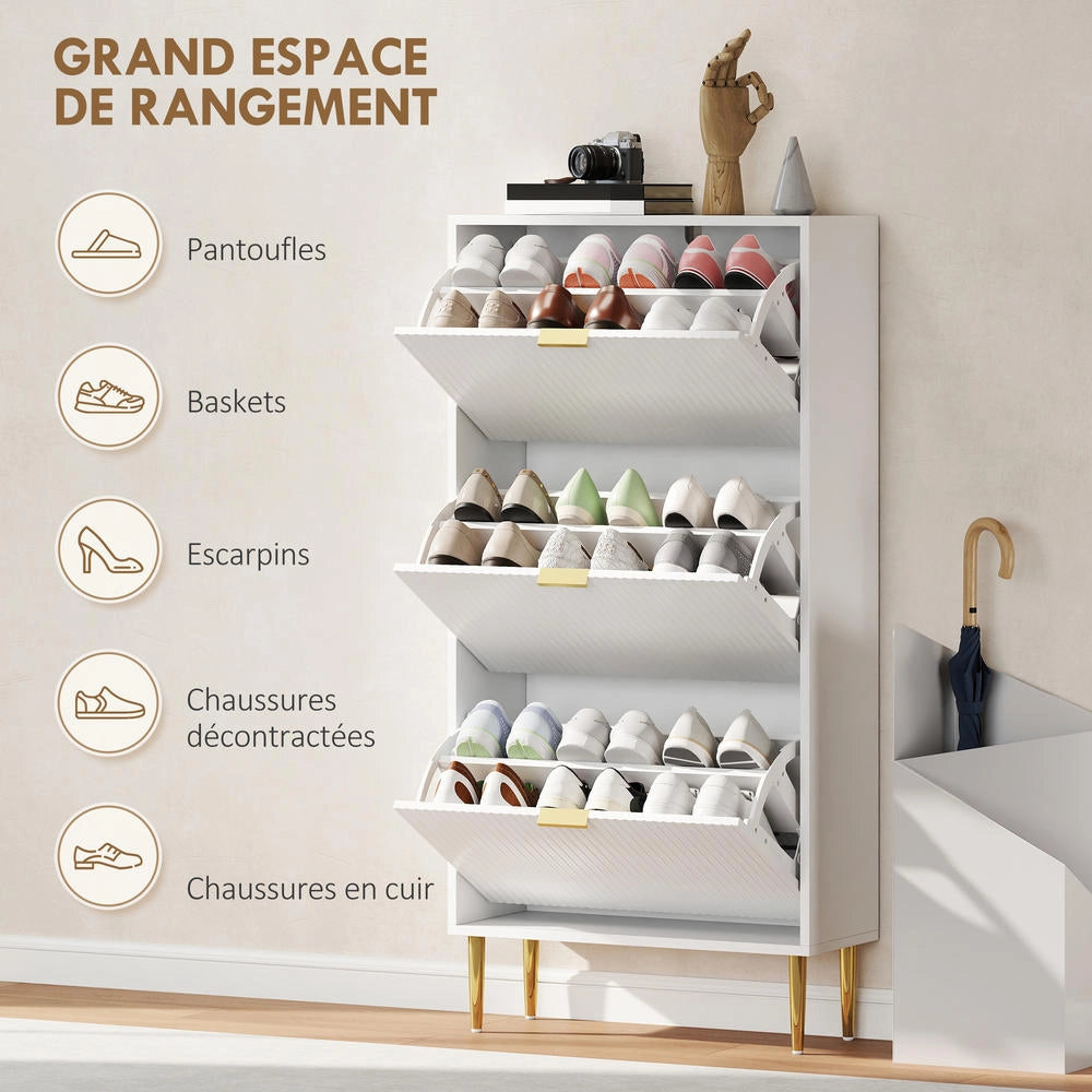 Mobile scarpiera salvaspazio a 3 ante a ribalta, portascarpe con ripiani regolabili fino a 18 paia per ingresso, bianco, 60x24x122,5 cm