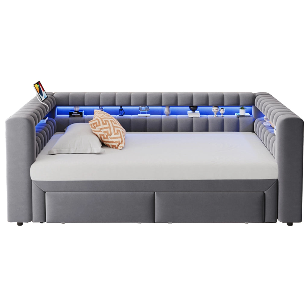 Divano letto estraibile in velluto grigio con cassetti e luci