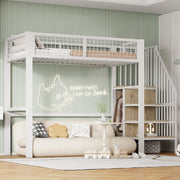 Letti a soppalco per bambini 90x200 cm con scala, armadio e rete a doghe in metallo bianco per cameretta, senza materasso
