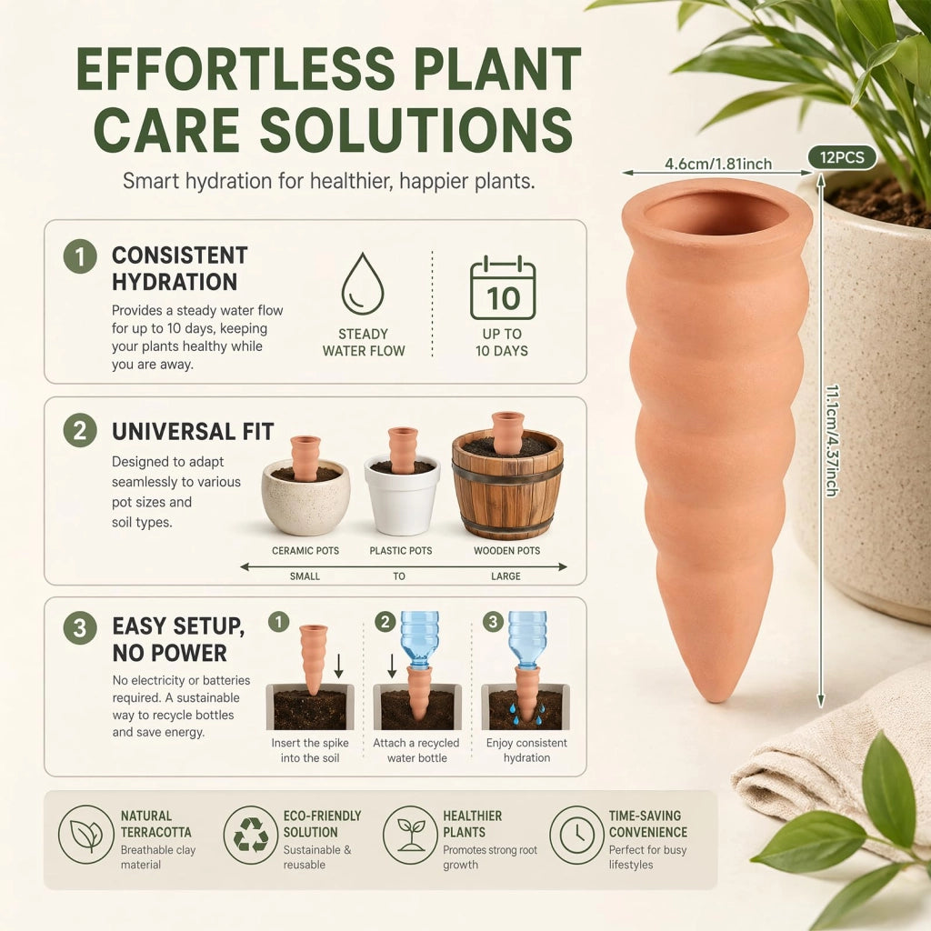 Cono di irrigazione in terracotta, set da 12, automatico, per piante da interno