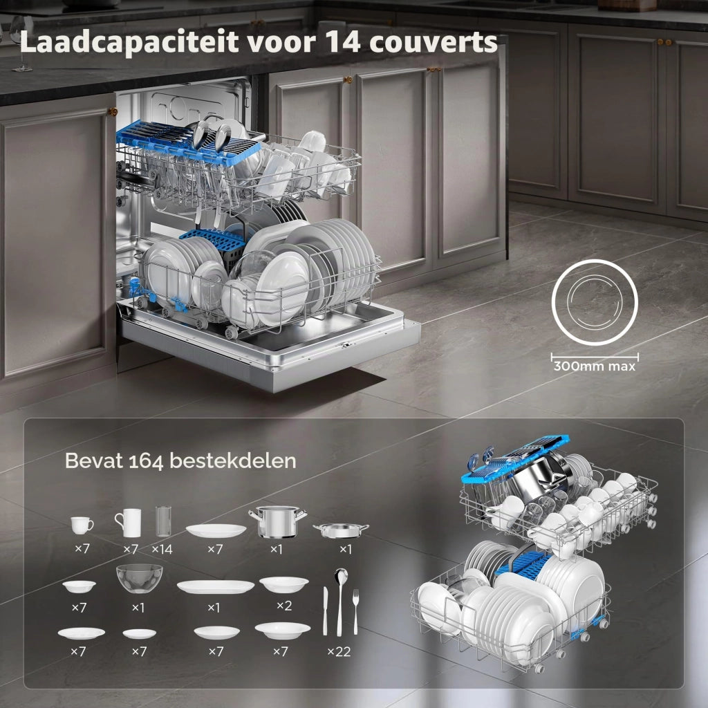 Lavastoviglie da 60 cm, capacità di 14 coperti, con Wi-Fi, livello di rumorosità di 47 dB, 6 programmi, acciaio inossidabile