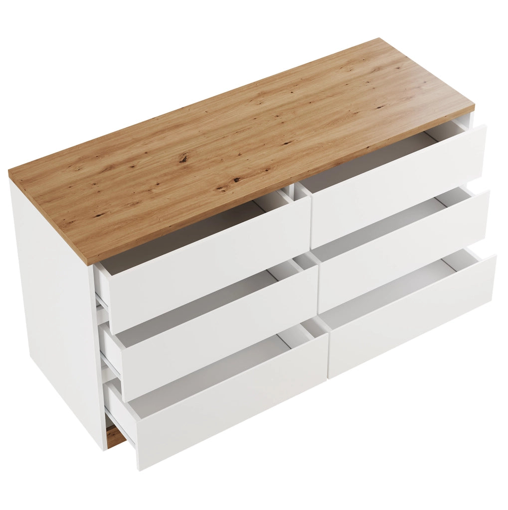 Scrivania girevole 120x50 cm con 6 cassetti e ruote bloccabili in truciolare rovere e bianco
