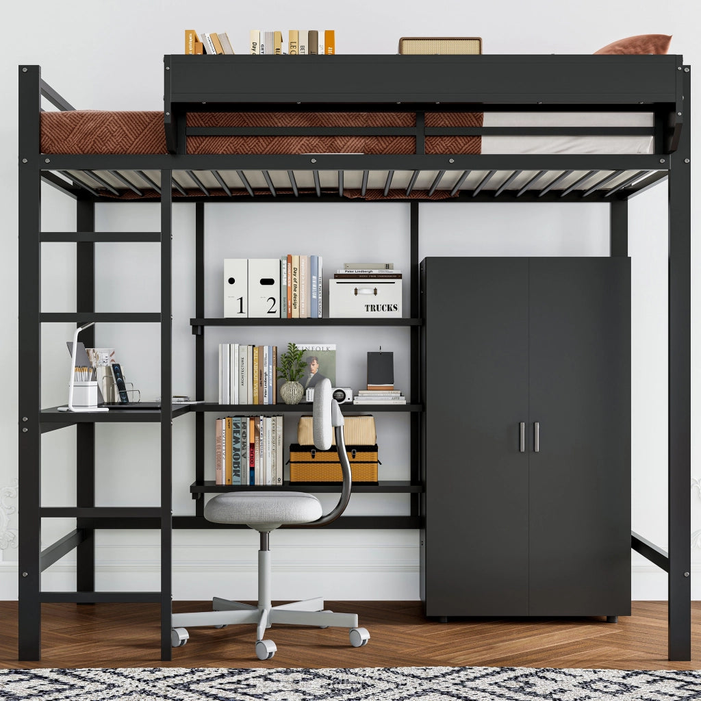 Letto a soppalco 90x200 cm con scrivania e armadio; metallo e truciolare nero