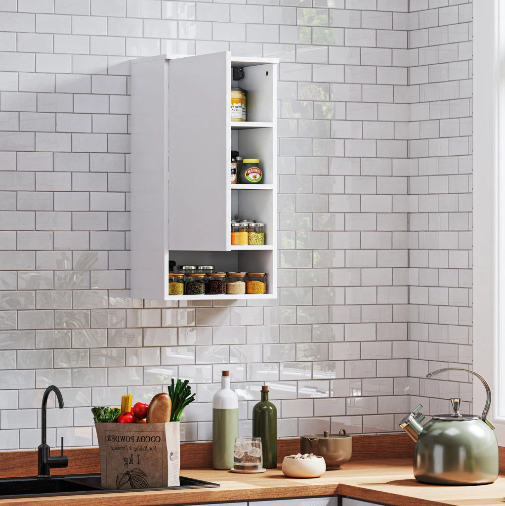 Mobiletto da Parete Bianco con Ante, Mensole Regolabili 40x27x77 cm per Bagno e Cucina