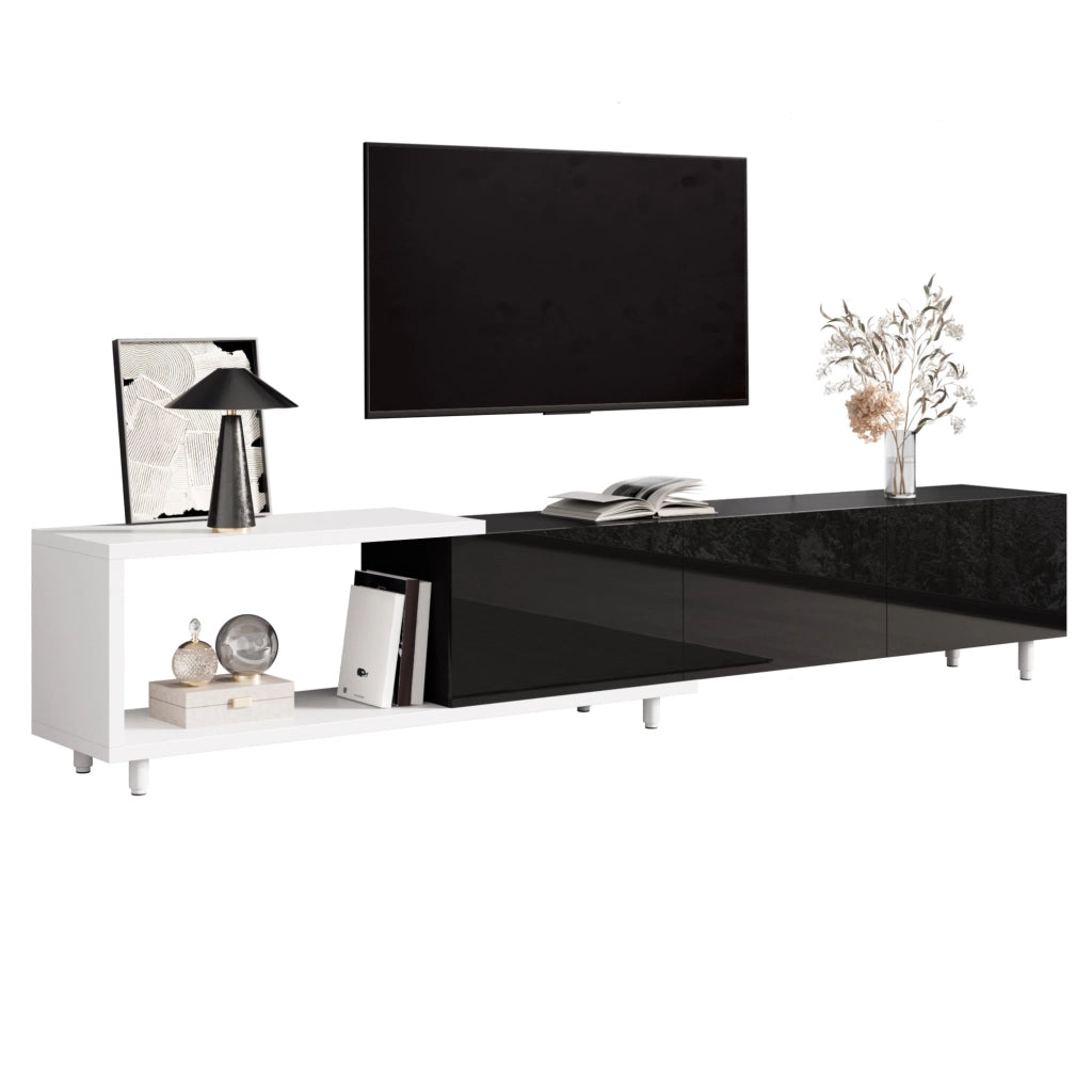 Mobile TV estensibile 258 x 38 x 48,5 cm nero e bianco, design moderno