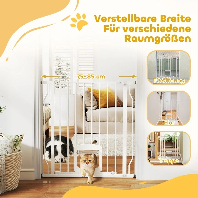 Cancello di sicurezza per scale e porte 75-85 cm in acciaio bianco con gattaiola