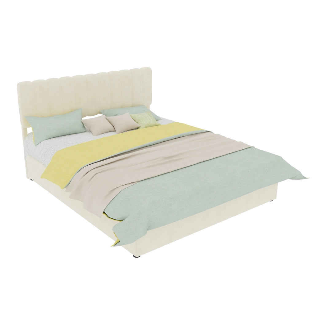 Letto imbottito moderno beige 160x200 cm con contenitore e testiera imbottita