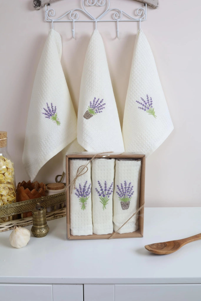 Set di 3 strofinacci, 40x60 cm, in cotone, con motivo a lavanda, ricamati