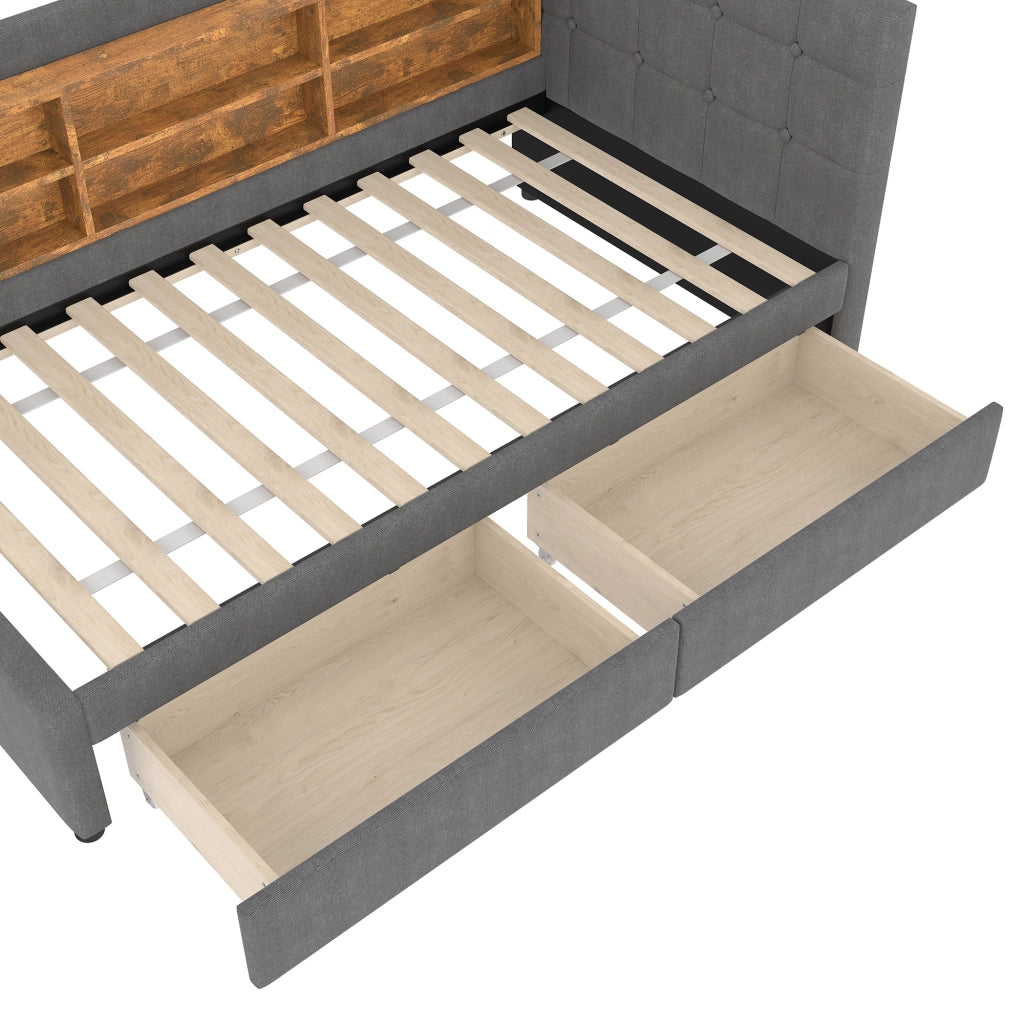 Letto singolo 90 × 200 cm con 2 cassetti in lino e MDF grigio con porte USB Type-C e ripiani