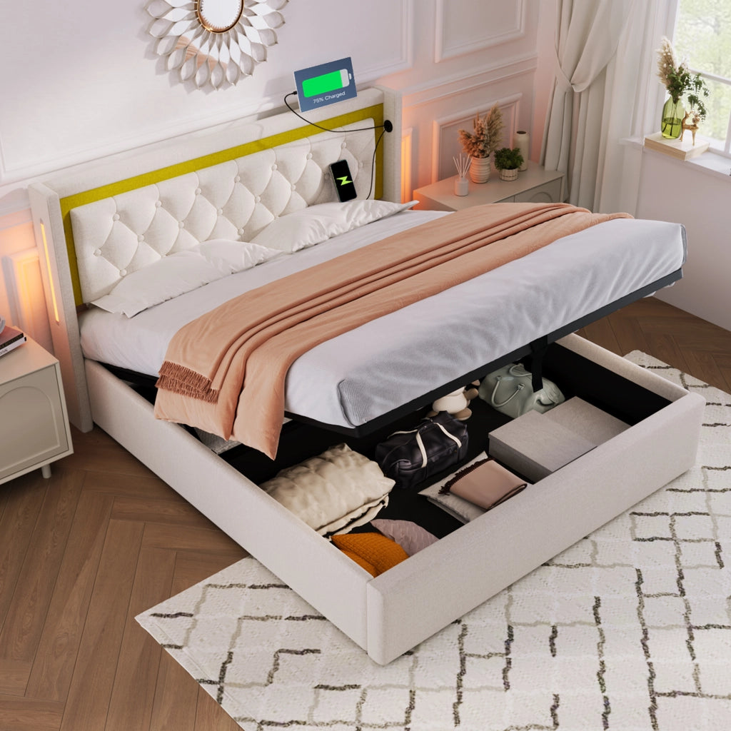 Letto matrimoniale contenitore 140 × 200 cm con materasso a molle led usb tipo c cotone beige rete a doghe