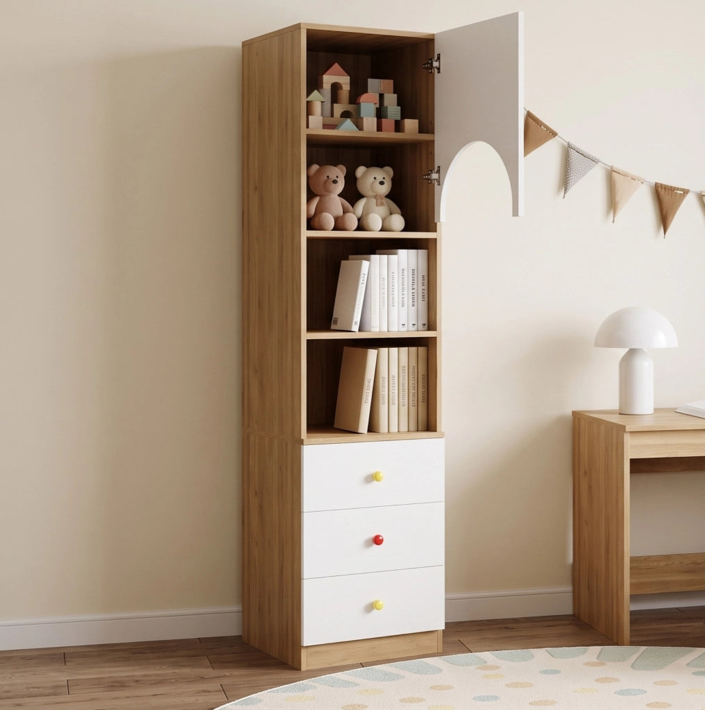 Libreria con anta e tre cassetti, bianca ed effetto legno, 50 × 50 × 200 cm