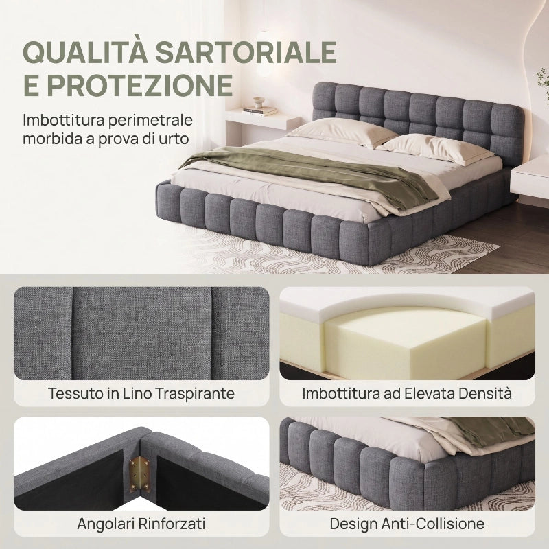 Letto Bubble 140x200 cm; Letto Matrimoniale Imbottito; Struttura Letto con Testiera e Rete a doghe; Letto Moderno; Senza Materasso; Lino Grigio