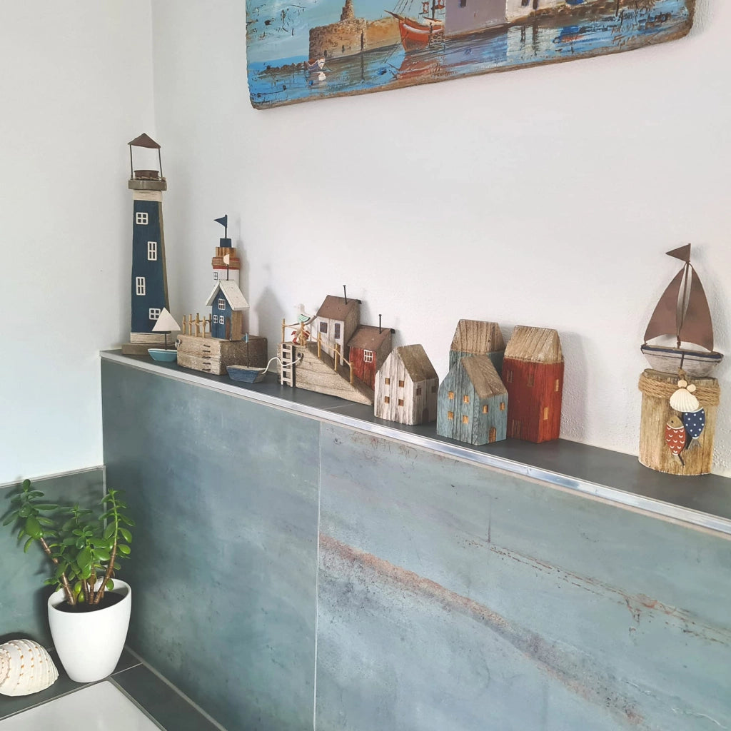 Decorazione marina in legno, casa e faro, 26 cm