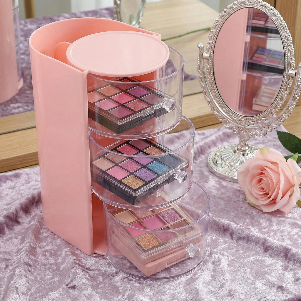 Organizzatore per accessori per capelli, 3 livelli, girevole a 180°, trasparente, rosa