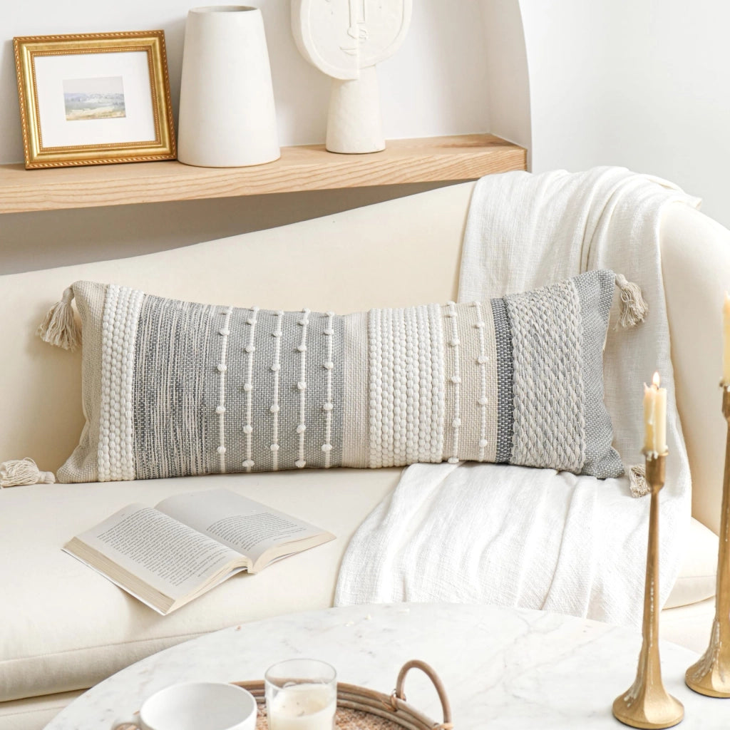 Copertura per cuscino lombare in stile boho, 14x36 cm, grigio e crema