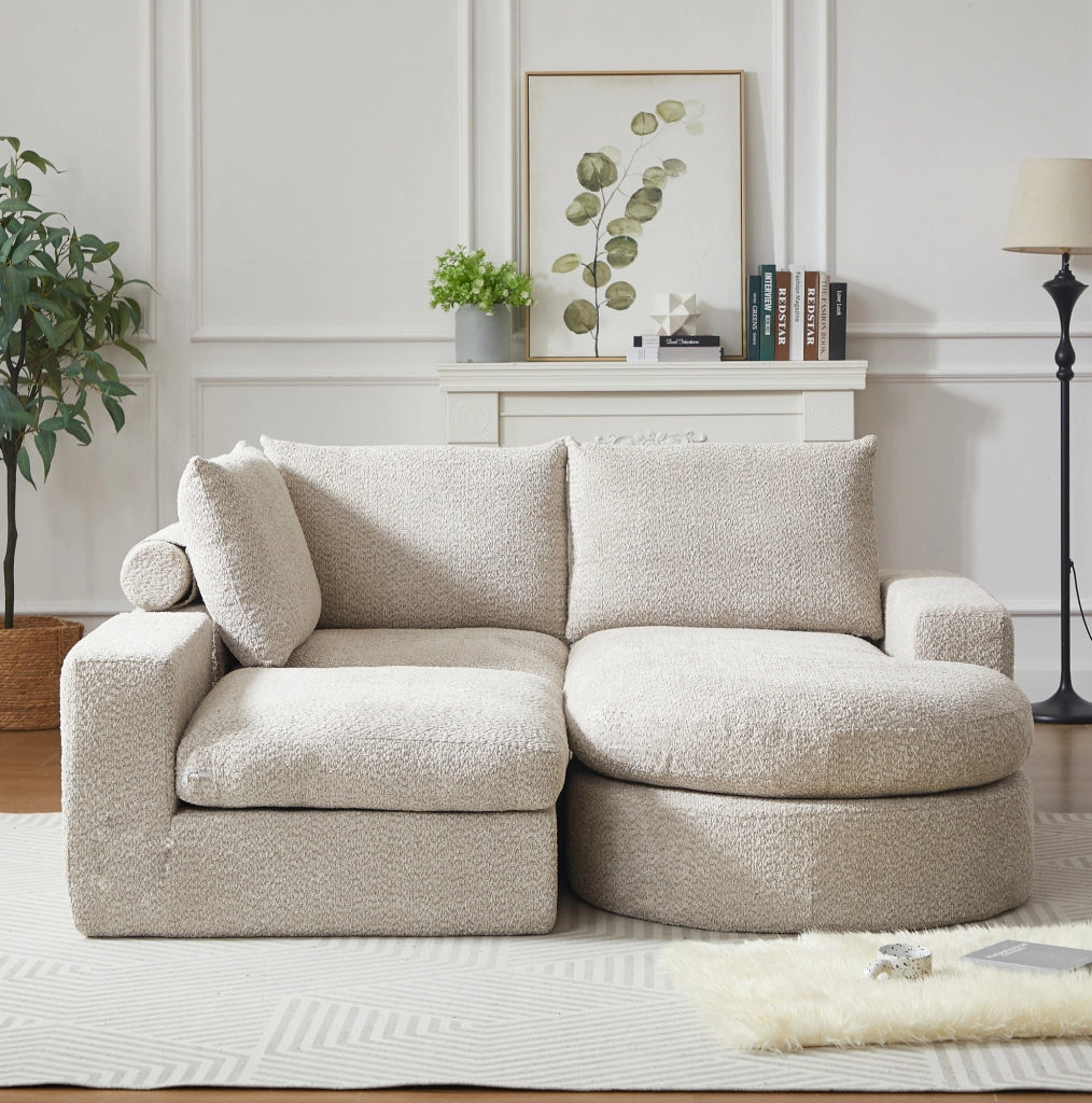 Divano modulare in ciniglia beige con seduta allungata reversibile