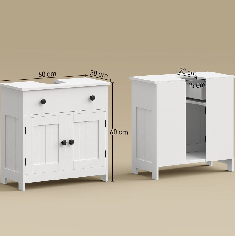 Mobile bagno bianco moderno con anta doppia, cassetto e chiusura soft-close, ideale per lavabo senza piedistallo