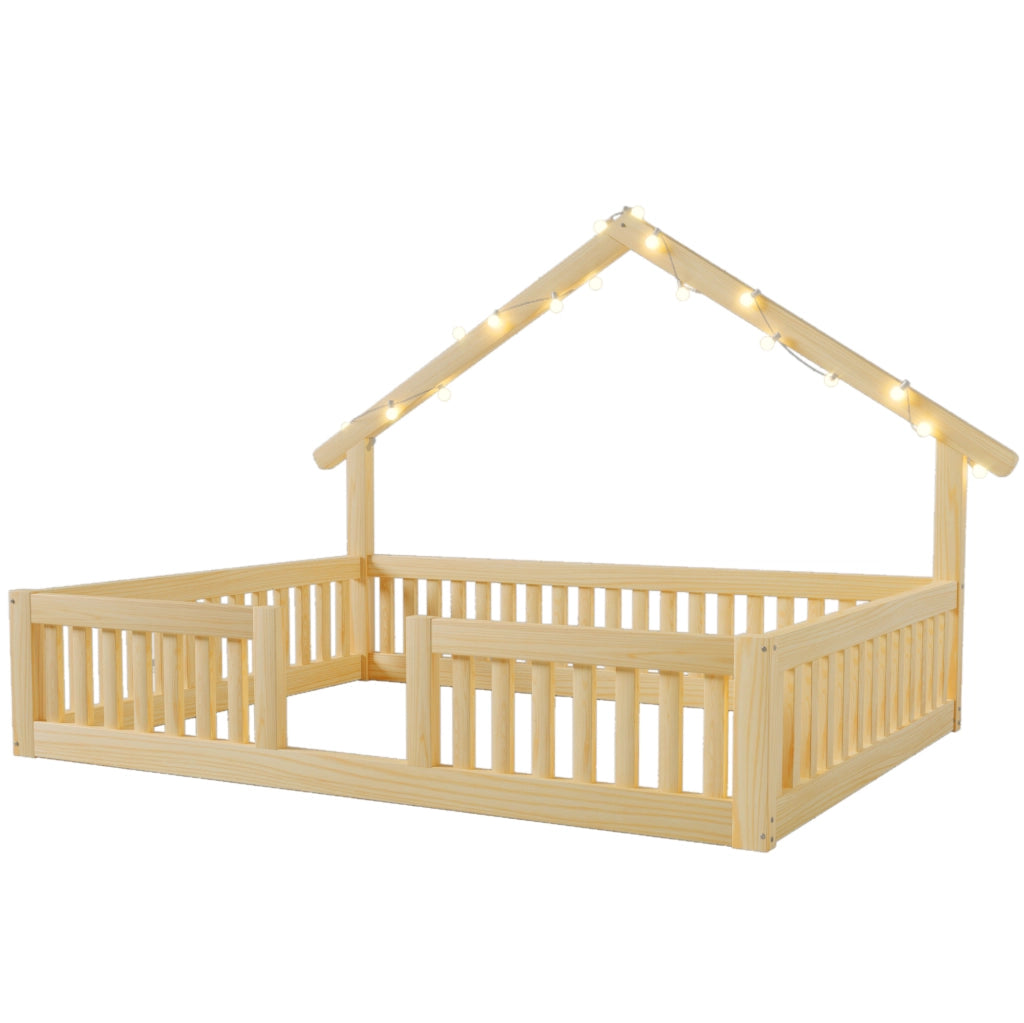 Letto per bambini a forma di casetta 140x200 cm in legno naturale con protezione anti-caduta e illuminazione LED