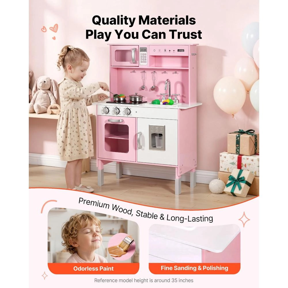 Cucina Giocattolo per Bambini in Legno Rosa con Luci e Suoni, Microonde e Accessori TZ-KT002, Design Moderno e Robusto