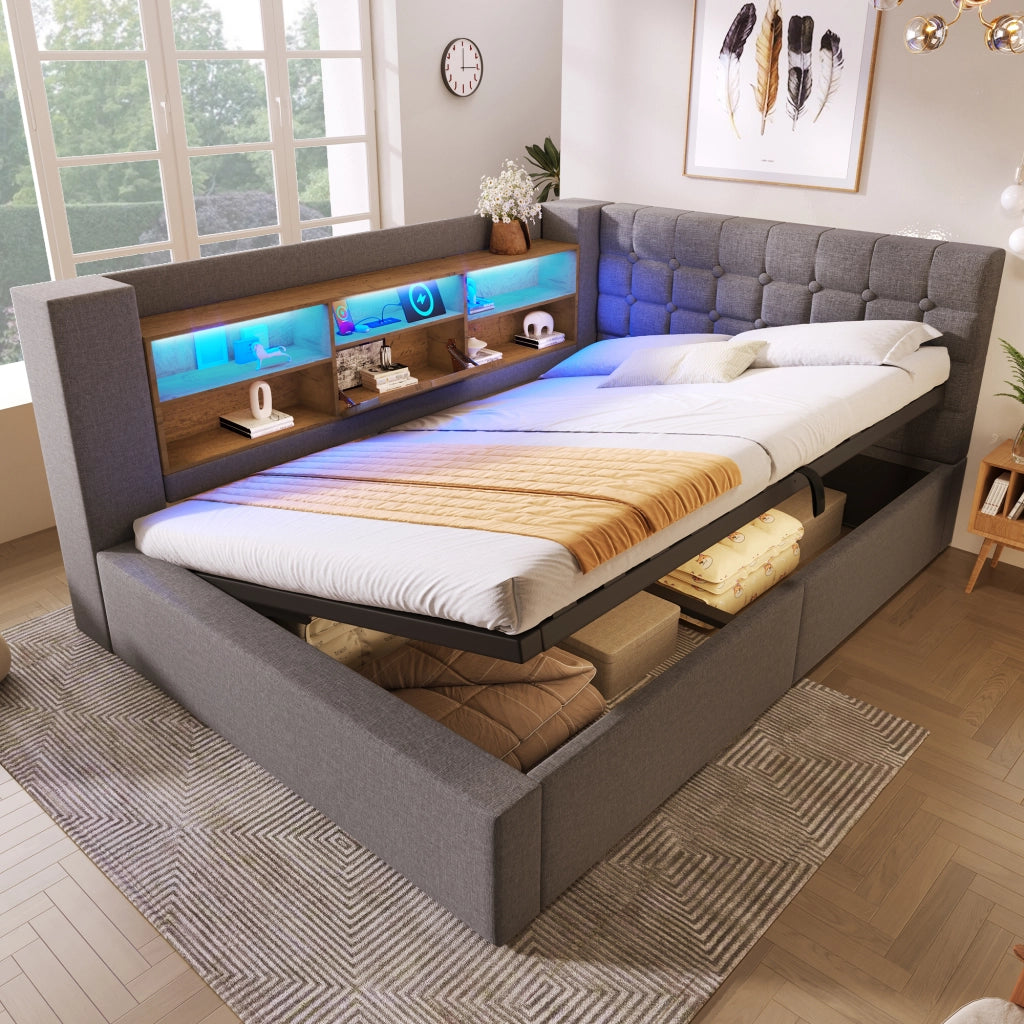 Letto matrimoniale 140 × 200 cm contenitore con LED e ricarica USB in lino grigio testiera reversibile