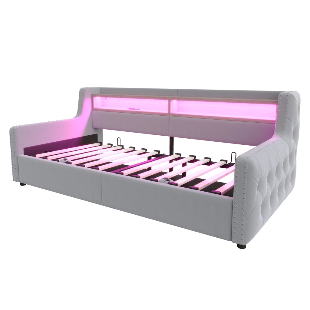 Letto singolo imbottito 90 × 200 cm con contenitore in velluto grigio chiaro LED presa USB Type-C rete a doghe