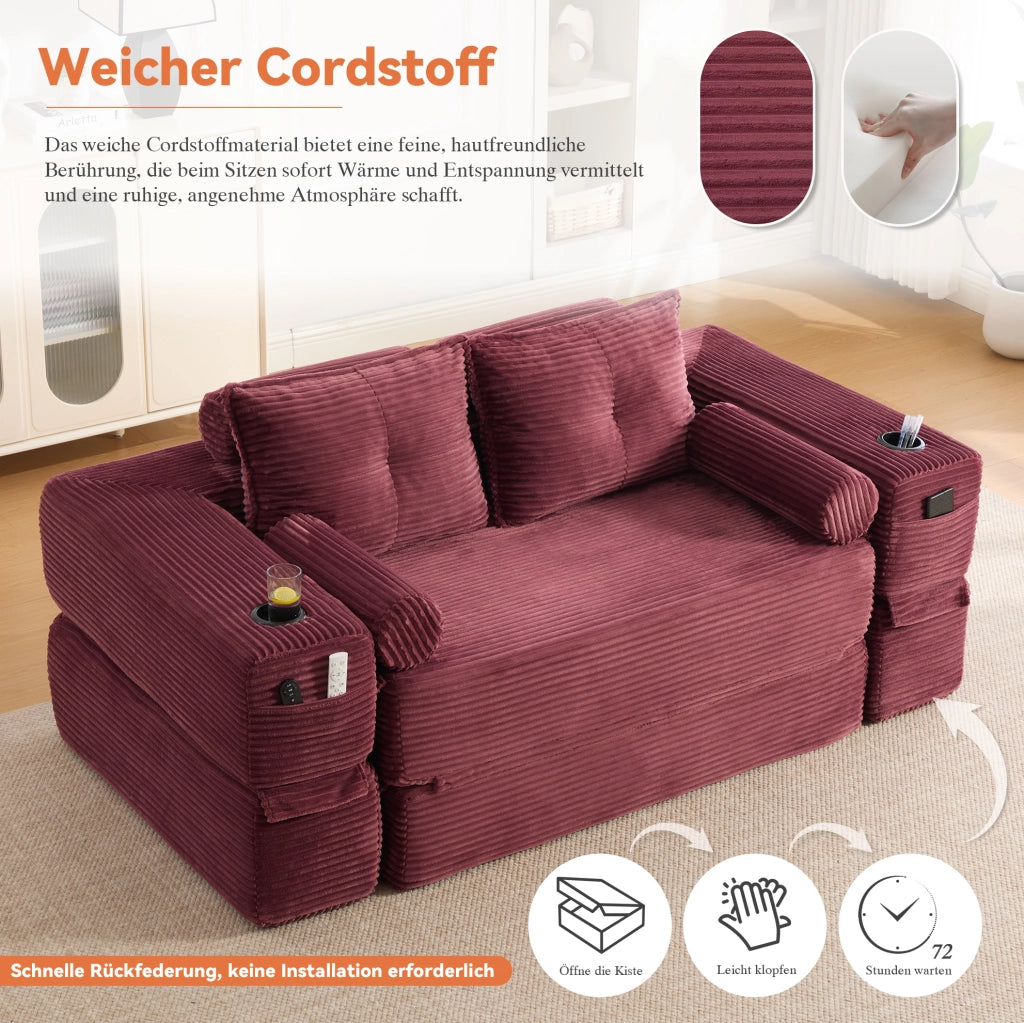 Divano letto in velluto a coste rosso vino 180 cm con portabicchieri