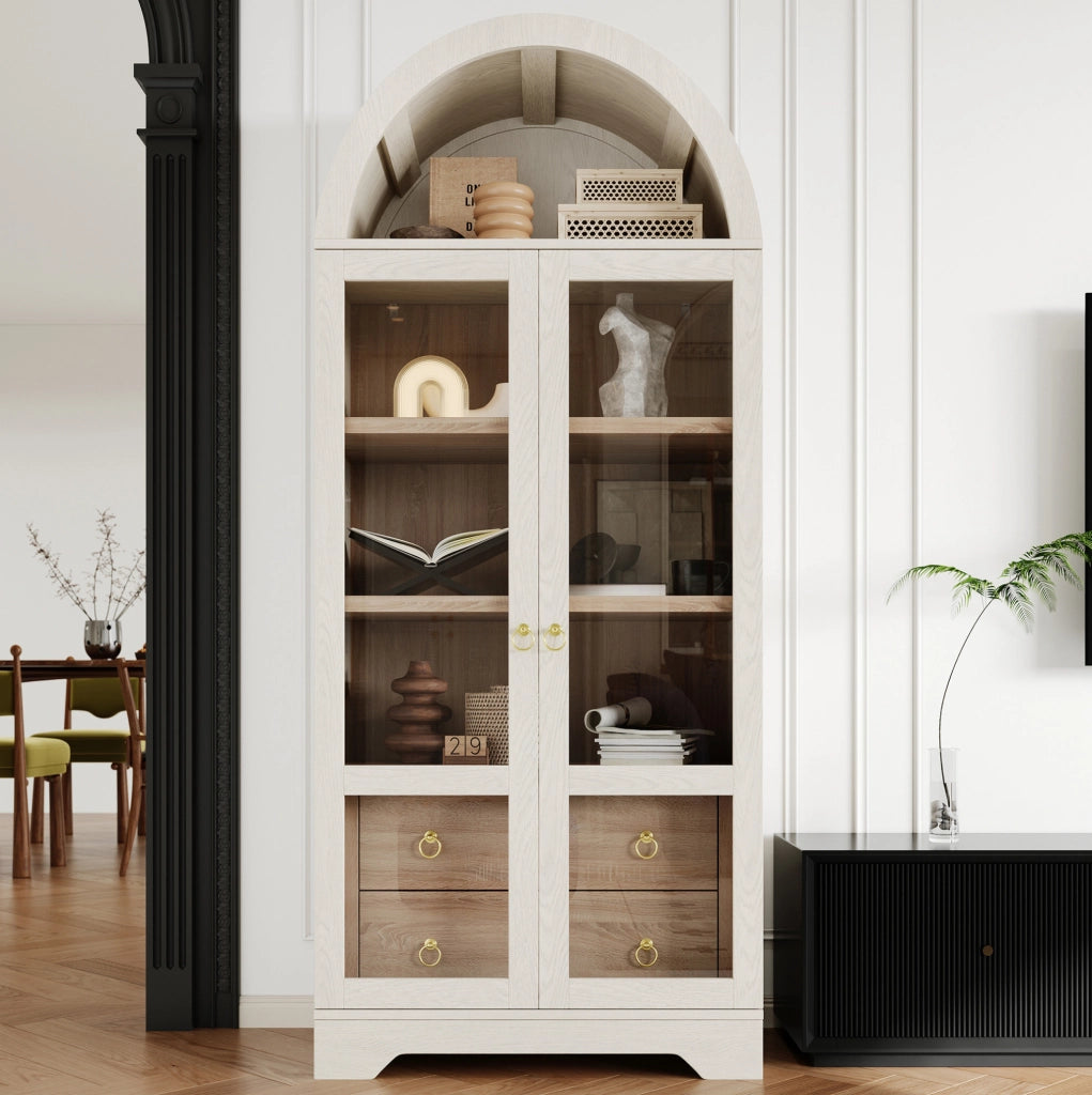 Credenza bianca con ante in vetro, ripiani regolabili e cassetti