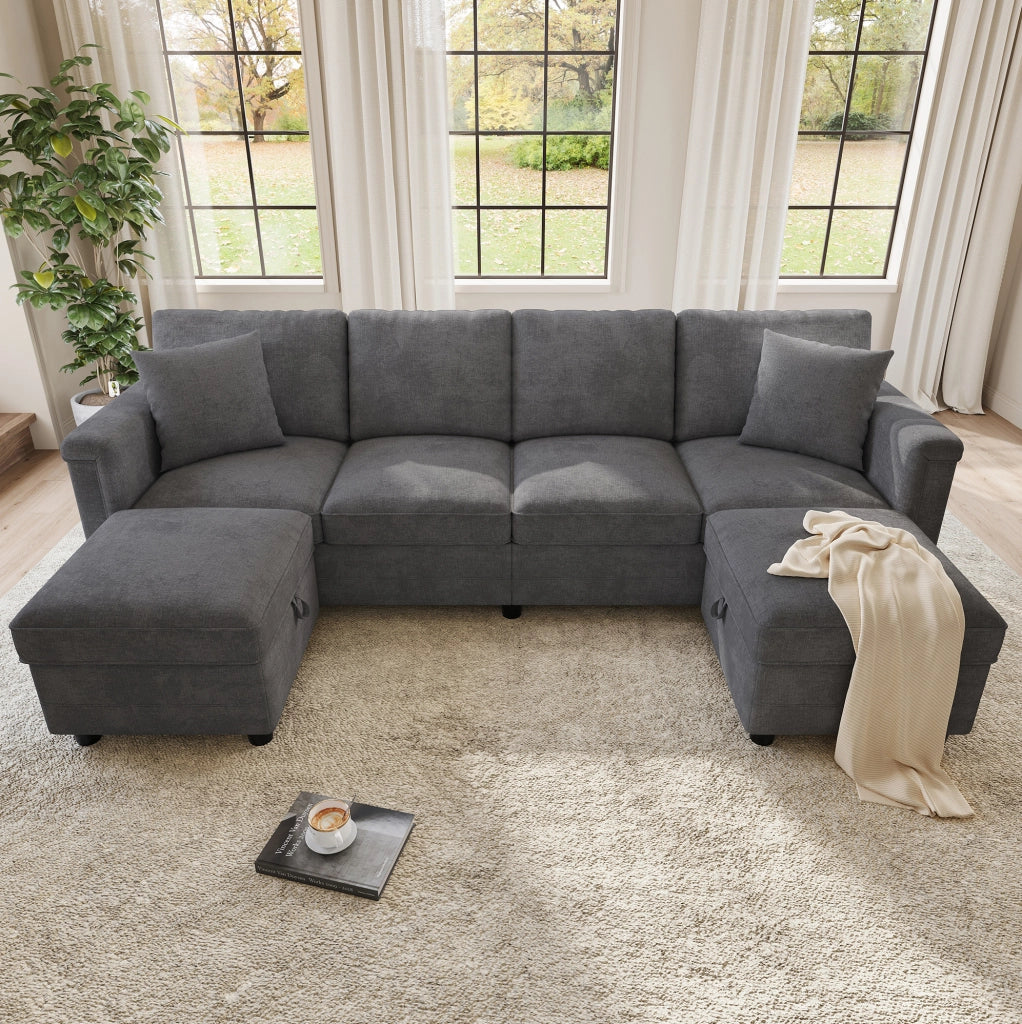 Divano modulare in ciniglia grigio con due pouf contenitore