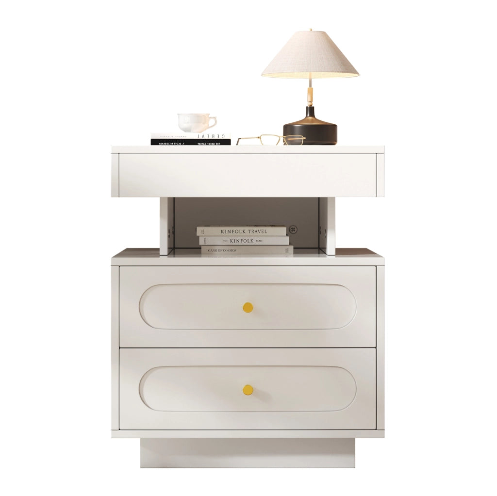 Comodino bianco con LED, 2 cassetti e ripiano aperto, 50x40x60 cm